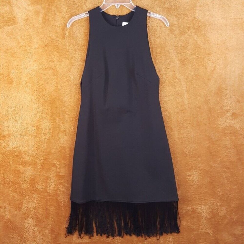 FAME AND PARTNERS Womens Dress Small Black Sheath Sleeveless Fringe Hem Stretch